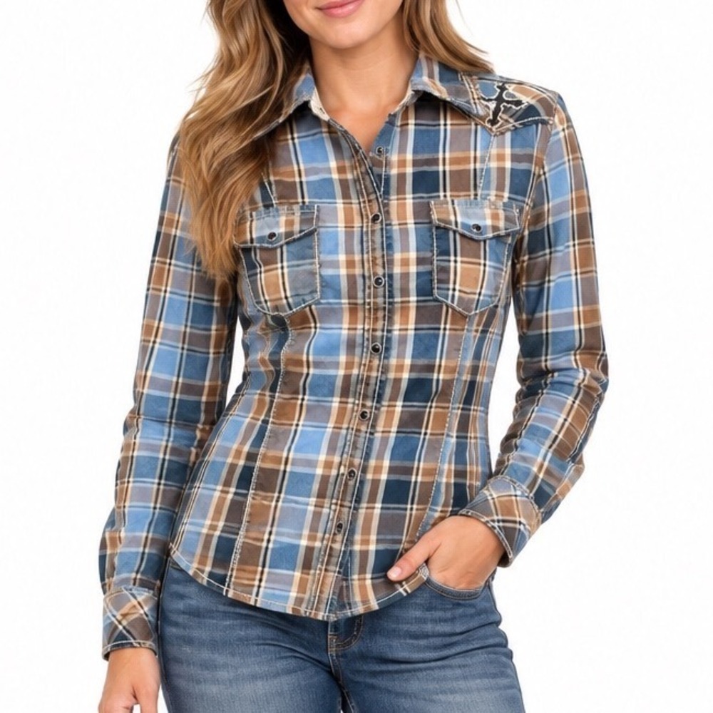 LifeStyle Plaid Western Shirt Women Large Blue Brown Embroidered Cross Cowgirl
